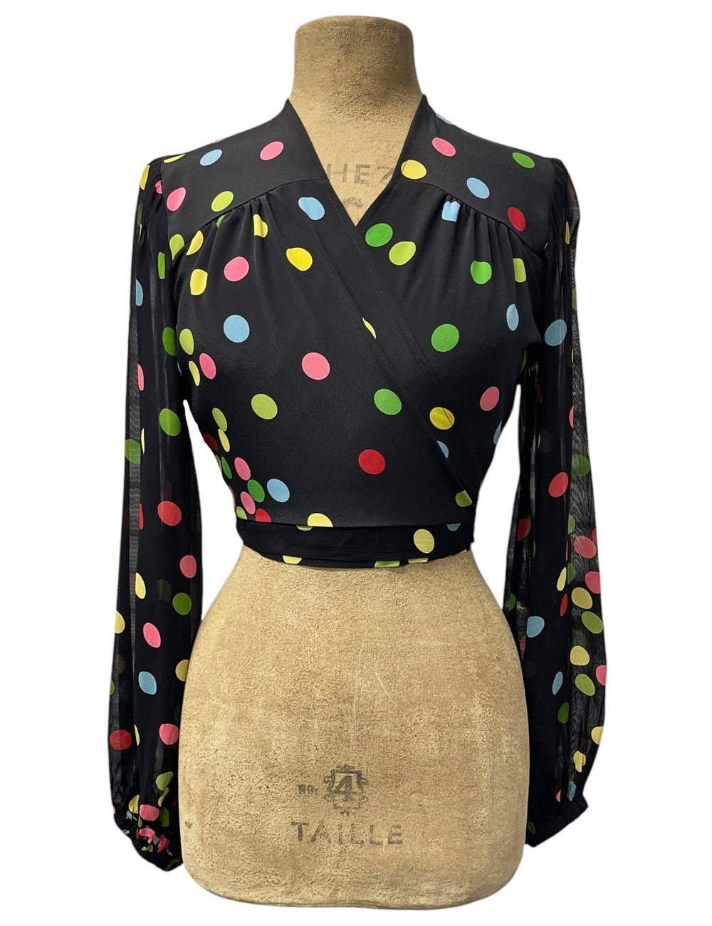 Black Circus Dot Babaloo Wrap Top with Sheer Sleeves