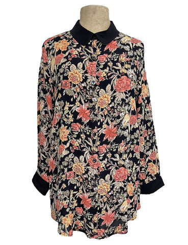 Black Fall Floral Long Sleeve Peter Pan Collar Blouse