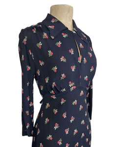 Black Rosebud Floral Sleeved 1940s Eleanor Dress