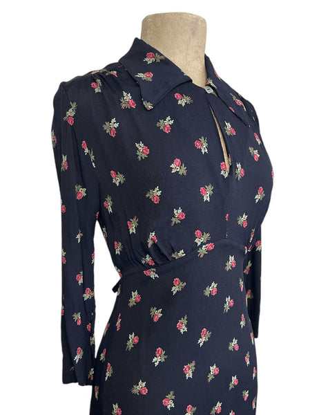 Black Rosebud Floral Sleeved 1940s Eleanor Dress