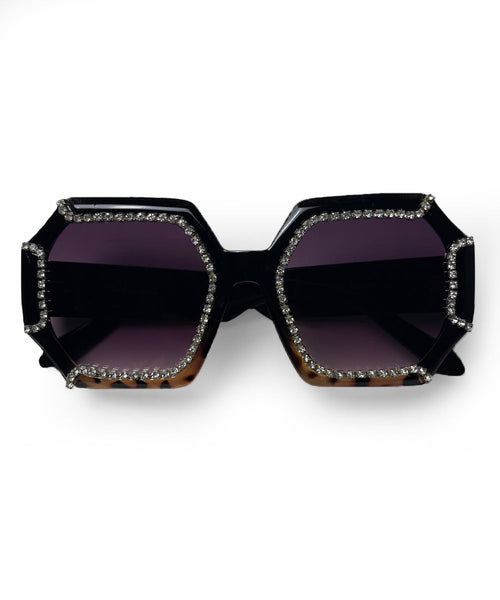 Tortoise & Black 1970s Retro Rhinestone Oversized Sunglasses