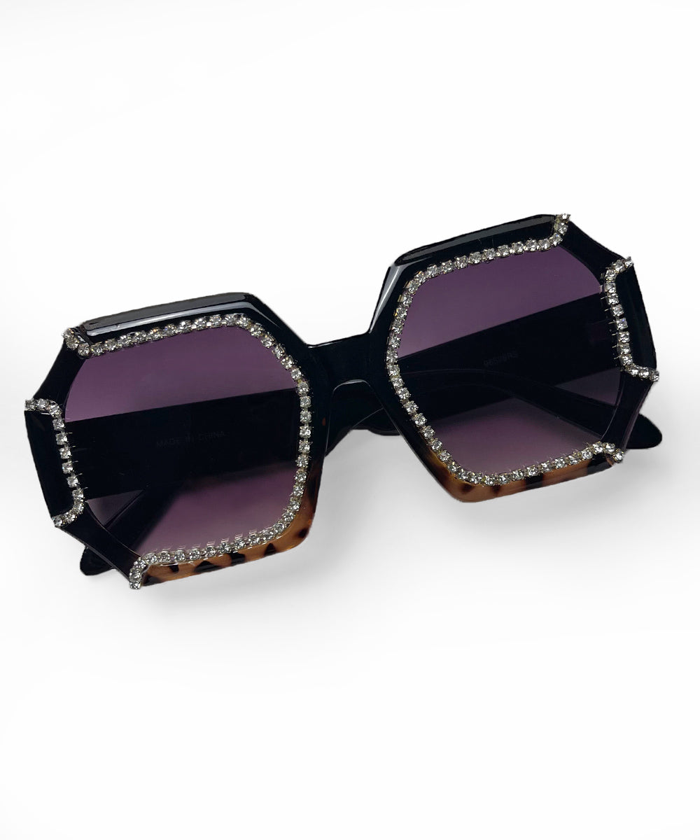 Tortoise & Black 1970s Retro Rhinestone Oversized Sunglasses
