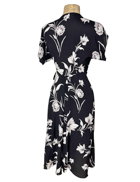 Black & White Winter Floral 1940s Cascade Wrap Dress