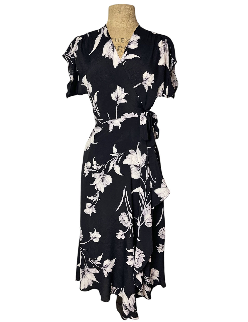 Black & White Winter Floral 1940s Cascade Wrap Dress Loco Lindo Black & White Winter Floral 1940s Cascade Wrap Dress Loco Lindo