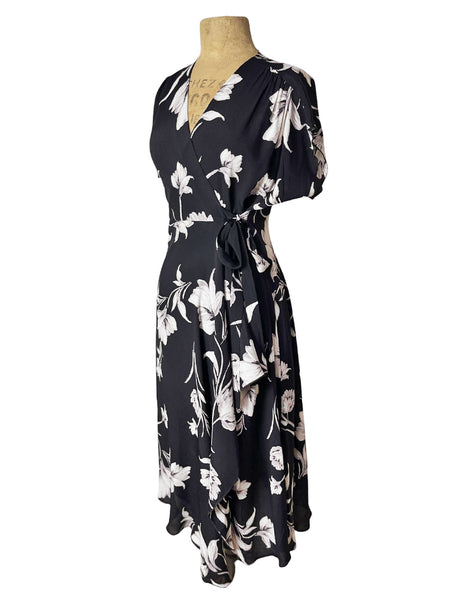 Black & White Winter Floral 1940s Cascade Wrap Dress
