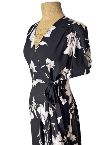 Black & White Winter Floral 1940s Cascade Wrap Dress