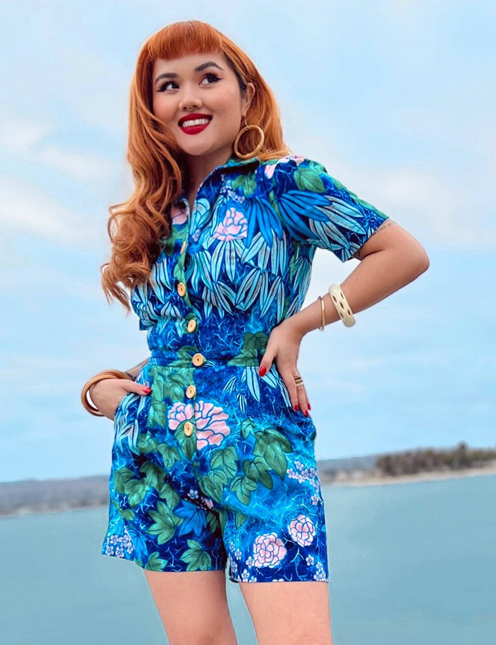 Scout for Loco Lindo - Blue Floral Barkcloth Print 1940s Carolina Romper
