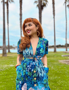 Scout for Loco Lindo - Blue Floral Barkcloth Print 1940s Style Petunia Skirt