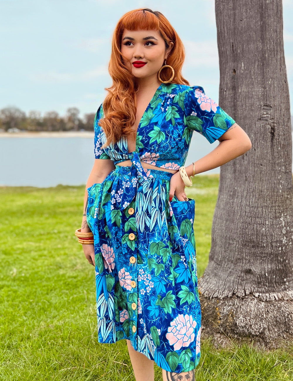 Scout for Loco Lindo - Blue Floral Barkcloth Print 1940s Style Petunia Skirt
