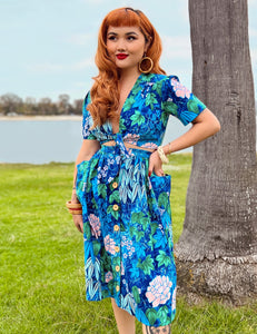 Scout for Loco Lindo - Blue Floral Barkcloth Print 1940s Style Petunia Skirt