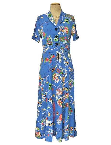 PREORDER - Pacific Blue California Map Print 1940s Tea Length Day Dress