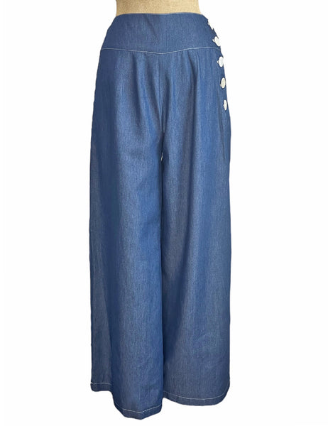 Cotton Denim Chambray High Waisted Palazzo Pants