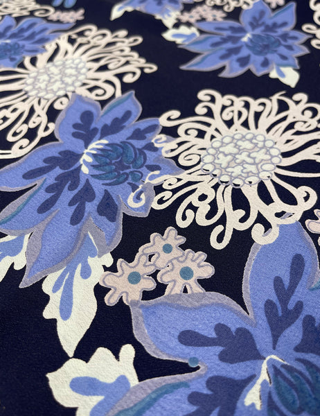 Blue Nouveau Floral Print Rayon Crepe Fabric - 2 & 1/3 yds