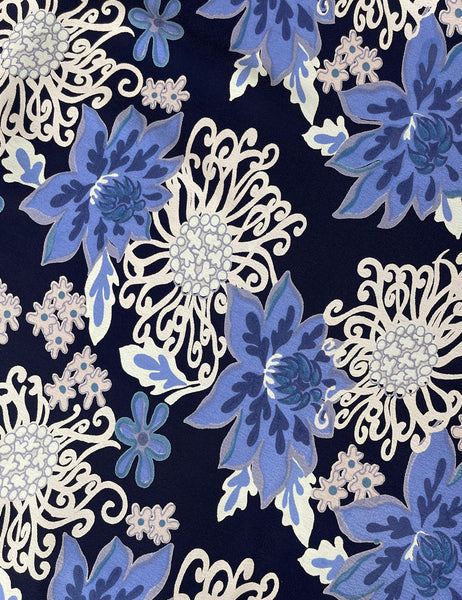 Blue Nouveau Floral Print Rayon Crepe Fabric - 2 & 1/3 yds