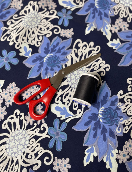 Blue Nouveau Floral Print Rayon Crepe Fabric - 2 & 1/3 yds