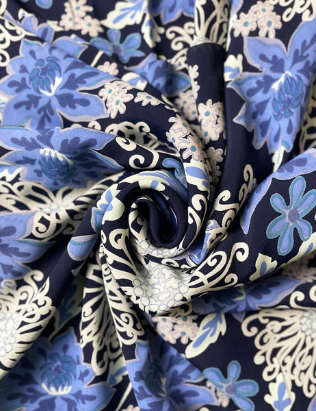 Blue Nouveau Floral Print Rayon Crepe Fabric - 2 & 1/3 yds