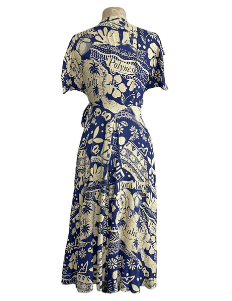 Blue South Seas Soft Rayon Cascade Wrap Dress
