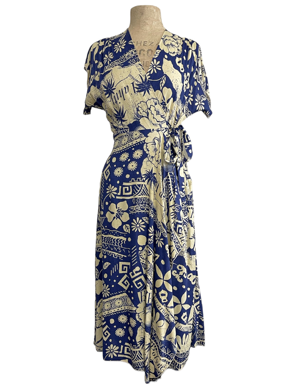 Blue South Seas Soft Rayon Cascade Wrap Dress