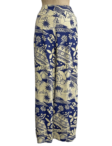 Blue South Seas Print Soft Rayon High Waisted Palazzo Pants