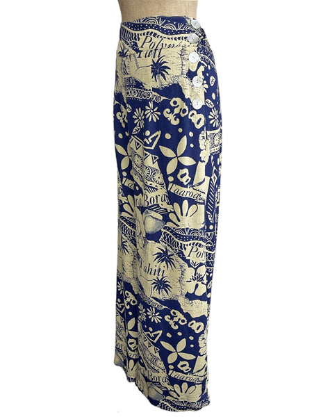 Blue South Seas Print Soft Rayon High Waisted Palazzo Pants