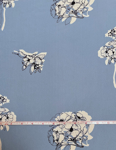 Blue Stencil Floral Rayon Crepe Fabric - 1 & 2/3 yds
