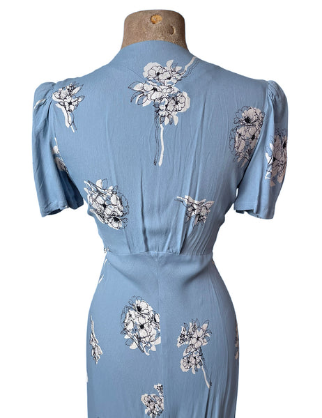 1930s Style Blue Stencil Floral Harlow Peignoir Robe