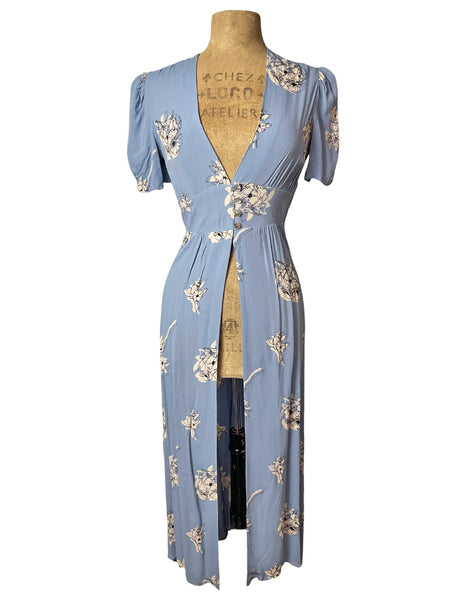 1930s Style Blue Stencil Floral Harlow Peignoir Robe