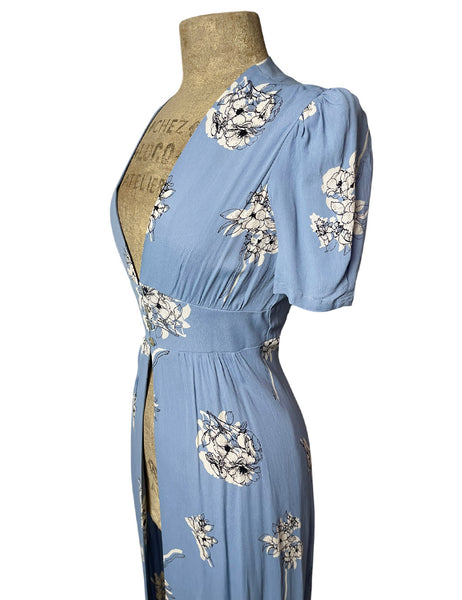 1930s Style Blue Stencil Floral Harlow Peignoir Robe