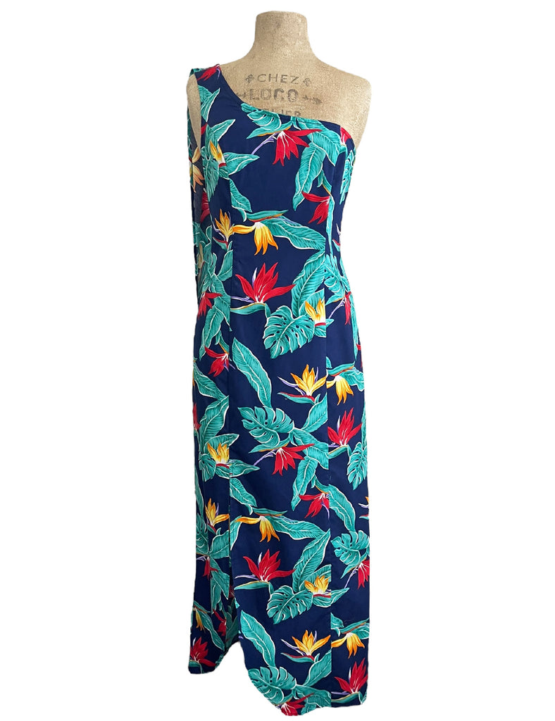 Blue Birds of Paradise Print One Shoulder Luau Dress Medium