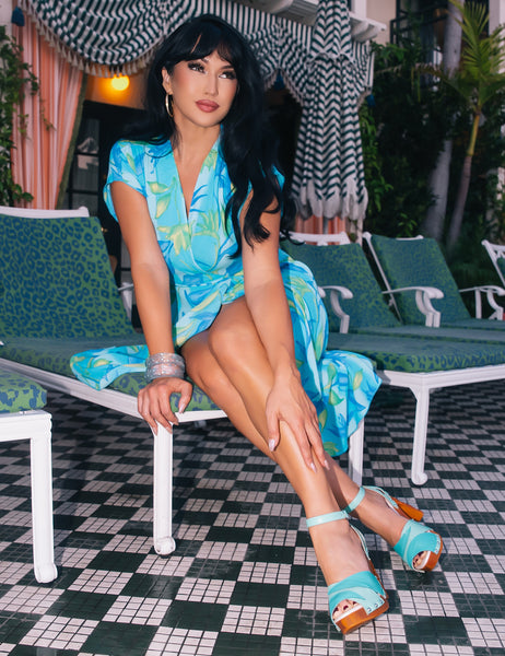 Blue Lagoon 1940s Style Cascade Wrap Dress