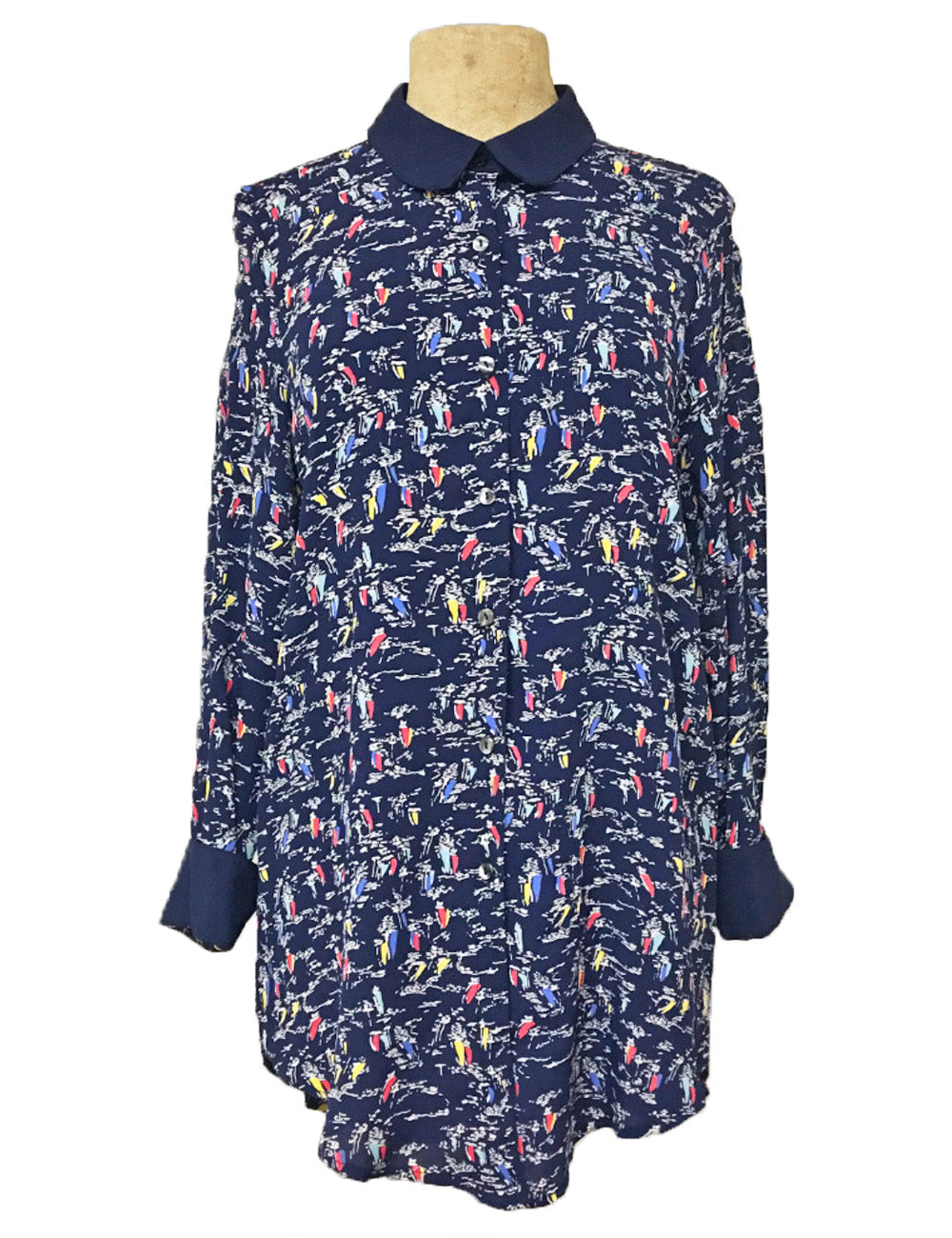 Navy Blue Sail Boat Print Peter Pan Collar Blouse