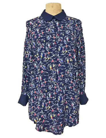 Navy Blue Sail Boat Print Peter Pan Collar Blouse