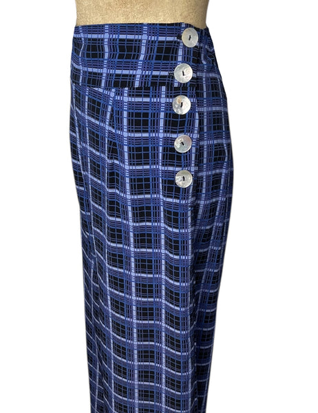 Shades of Blue Plaid 1940s Style High Waisted Palazzo Pants