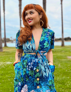 Scout for Loco Lindo - Blue Floral Barkcloth Print Daisy Tie Top
