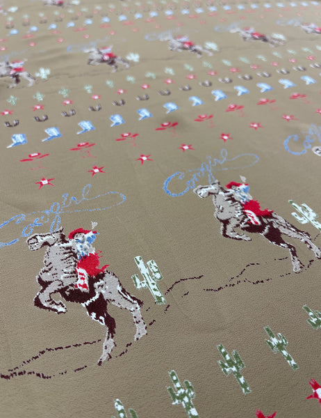 Tan Western Cowgirl Border Print Rayon Crepe Fabric - 3 yds