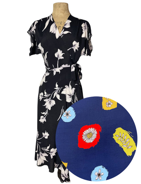 PREORDER - Botanical Blue 1940s Style Cascade Wrap Dress