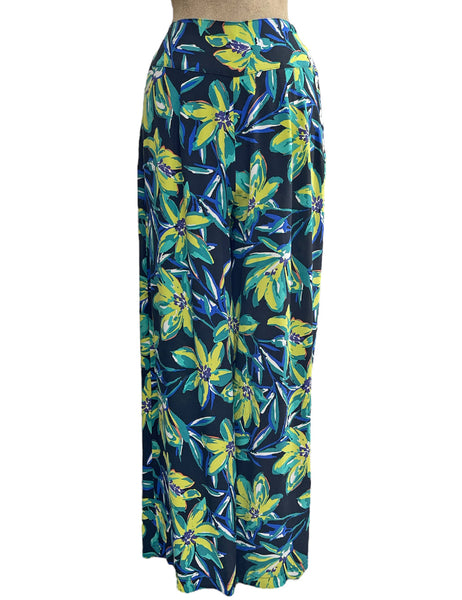 Bright Chartreuse Floral Print 1940s Style High Waisted Palazzo Pants