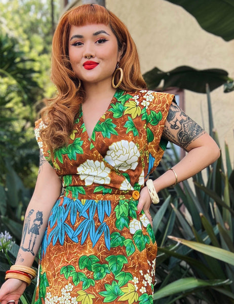 Scout for Loco Lindo - 1940s Style Brown Barkcloth Print Garden Wrap Dress