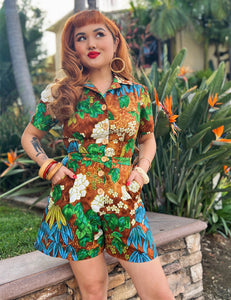 Scout for Loco Lindo - Brown Floral Barkcloth Print 1940s Carolina Romper
