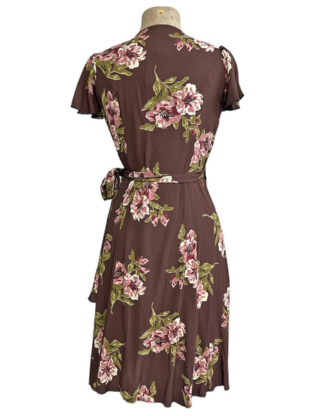 Chocolate Corsage Floral Vintage Style Biasa Wrap Dress
