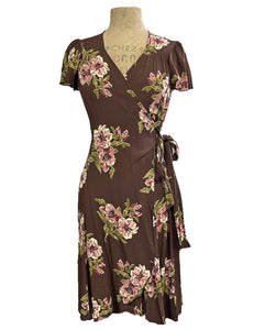 Chocolate Corsage Floral Vintage Style Biasa Wrap Dress