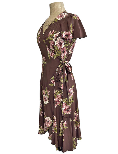 Chocolate Corsage Floral Vintage Style Biasa Wrap Dress
