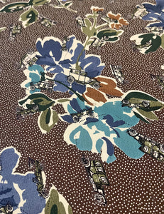 Brown Polka Dot Print Floral Vintage Cars Print Rayon Crepe Fabric - 1.25 yds