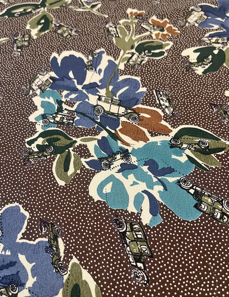 Brown Polka Dot Print Floral Vintage Cars Print Rayon Crepe Fabric - 1.25 yds