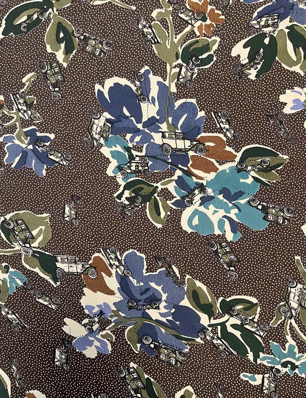 Brown Polka Dot Print Floral Vintage Cars Print Rayon Crepe Fabric - 1.25 yds