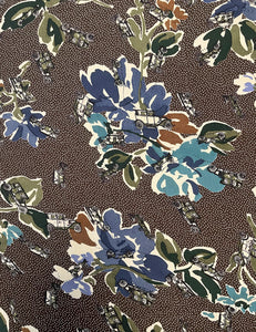Brown Polka Dot Print Floral Vintage Cars Print Rayon Crepe Fabric - 1.25 yds