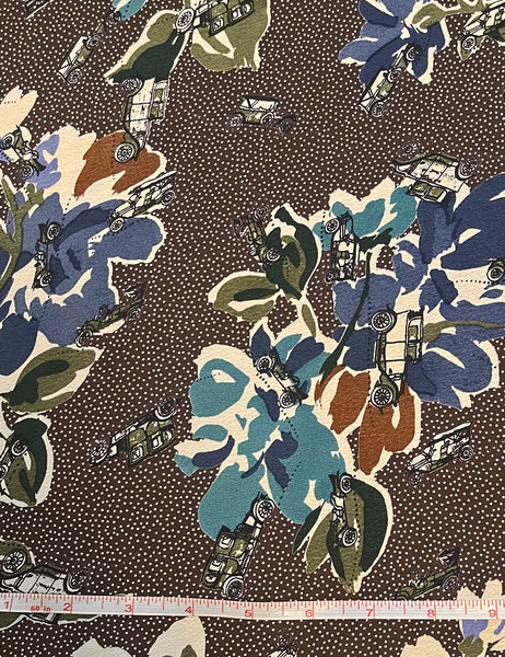 Brown Polka Dot Print Floral Vintage Cars Print Rayon Crepe Fabric - 1.25 yds