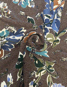 Brown Polka Dot Print Floral Vintage Cars Print Rayon Crepe Fabric - 1.25 yds