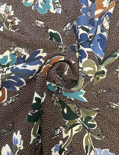 Brown Polka Dot Print Floral Vintage Cars Print Rayon Crepe Fabric - 1.25 yds