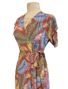 Rayon 1940s Inspired Tropical Fern Print Cascade Wrap Dress